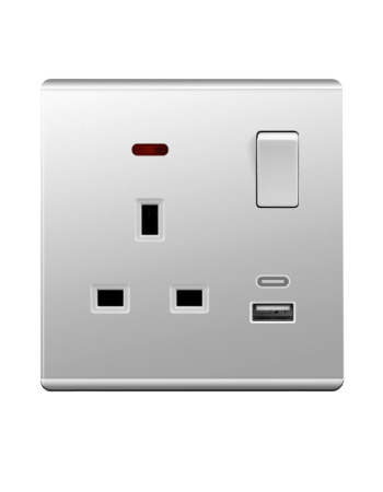  فيش جداري مزدوج 13 أمبير مع نيون + مخارج USB A & C – فضي
